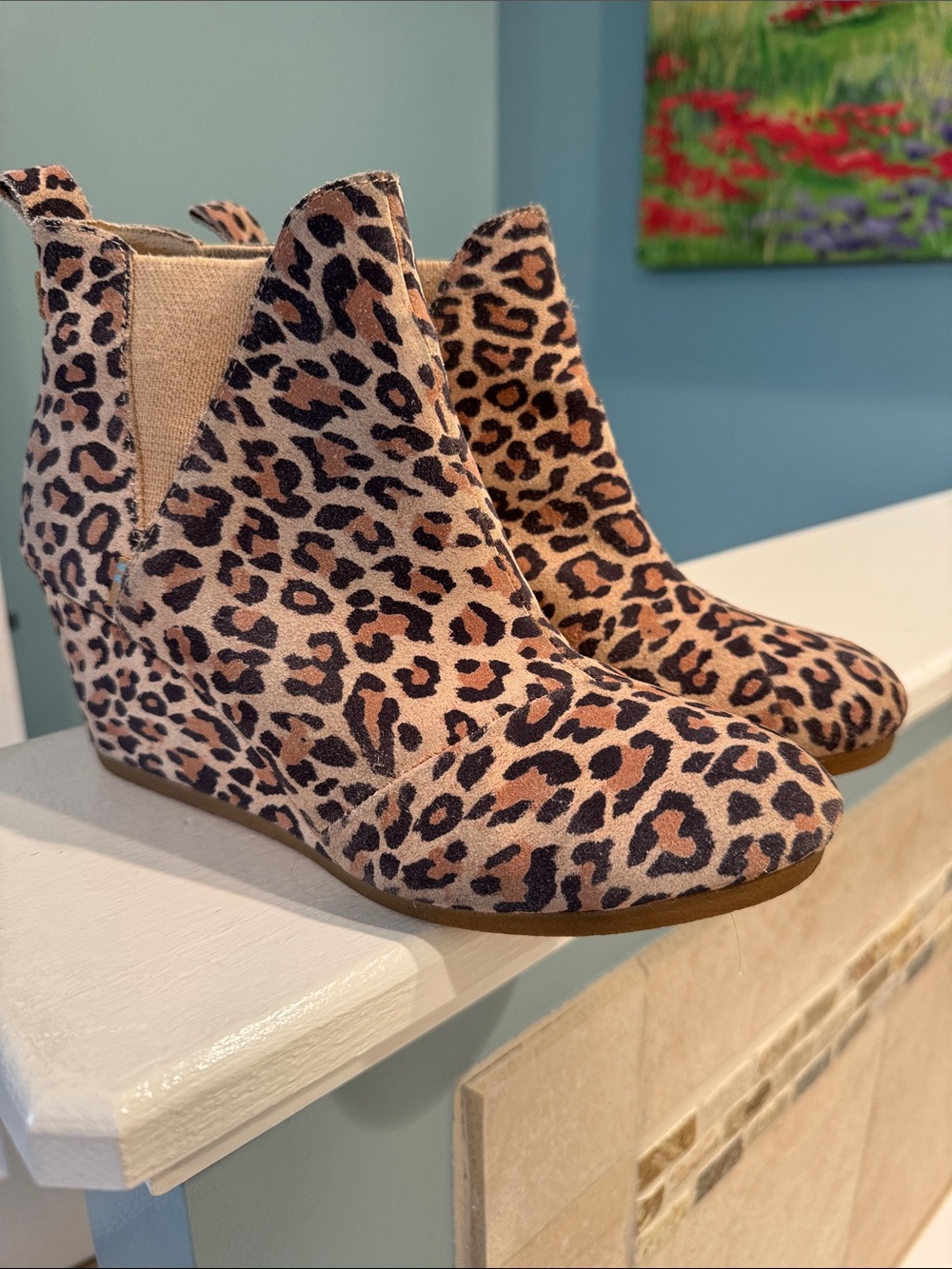 Toms Leopard Print Wedge Ankle Boots - Tan/Black